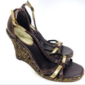 Nicole Miller Brown Leather Gold Rope Wedges